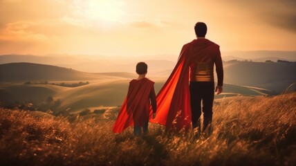 Dad and son in hero superhero costume, Rear view.