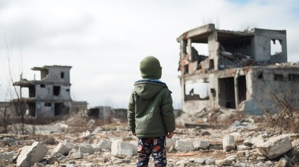 Little children standing in ruins of old building, Rear view.