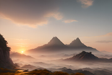 Beautiful landscape mountain lake sunset wallpaper image, The mountain is reflected in the lake against the background of the sky, Generative AI