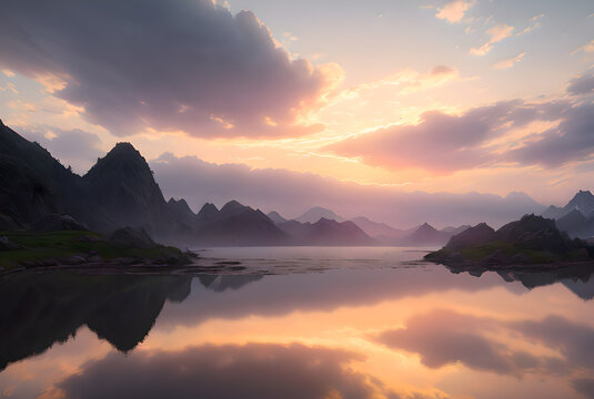 Beautiful landscape mountain lake sunset wallpaper image, The mountain is reflected in the lake against the background of the sky, Generative AI