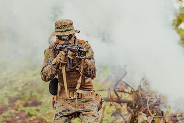 A soldier fights in a warforest area surrounded by fire