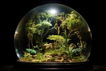 Close-up image of an ecosystem in the glass sphere.