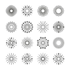 Firework explosion icon. Line sparkle. Outline birthday party elements. Happy new year shiny symbol. Set of burst stars, sparks and salutes isolated on white background. Vector illustration.