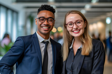 A photo of an Asian man and Caucasian blond woman in elegant business suit smiling in reception meeting area, both of them wearing glasses, concept of diversity in working environment