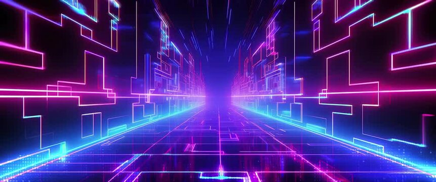 Anamorphic video animation of many lines in neon colorful on dark background. Abstract background. Seamless loop