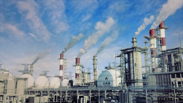 flammable natural gas powerhouse, spherical storage tanks, fictive design - industrial 3D illustration