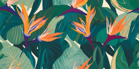 Abstract jungle pattern with strelitzia flowers. Contemporary seamless pattern. Natural colors. Fashionable template for design