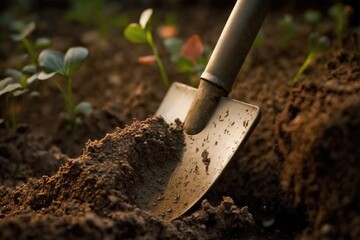 close-up of garden shovel with fresh soil still clinging to its blade