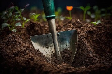 close-up of garden spade with its blade digging into the soil
