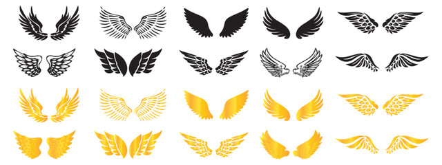 Black and Gold wings icon set. Wings icons. Collection badges of wings. Vector illustration. Vector Graphic. EPS 10	
