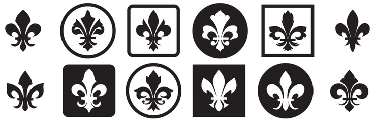 Set of fleur de lis vector icons. Floral ornament. Black heraldic ornament. Lily flower symbol. Vector Illustration. Vector Graphic. EPS 10 - obrazy, fototapety, plakaty