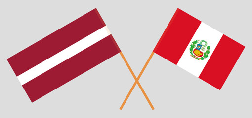 Crossed flags of Latvia and Peru. Official colors. Correct proportion