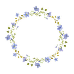 Hand drawn watercolor flax linen blue flowers, stems and leaves. Natural plant. Botanical illustration, circle wreath frame isolated on white background. For shop logo print, website, card, booklet.