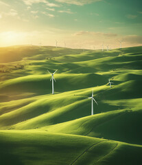 immagine con windfarm su paesaggio di verdi colline con sole al tramonto - energie rinnovabili e ambiente - obrazy, fototapety, plakaty