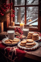 Obraz na płótnie Canvas christmas cookies and hot cocoa on a cozy table