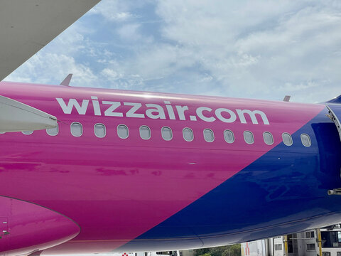 WizzAir airplane in the airport on July 26, 2023 in Ciampino, Italy