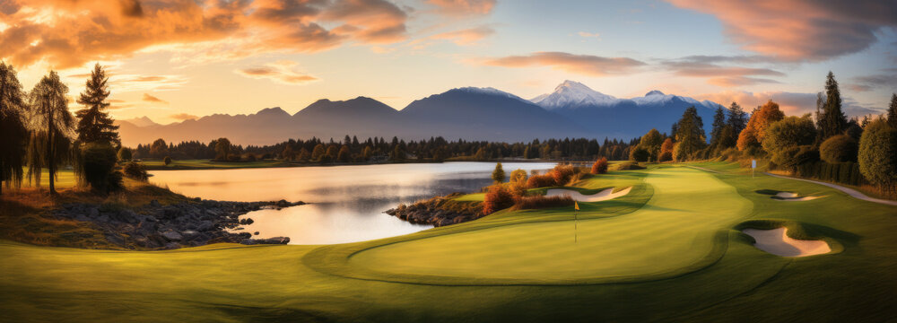 Golf course at sunset with beautiful sky, mountains and sand trap. Generative AI.