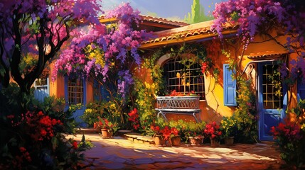 Fototapeta na wymiar painting style illustratio, vivid pink purple flower blossomimg bougainvillea climbing plant tree covered on small house wall and roof, happy relax vibe wallpaper, Generative Ai