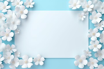 White empty sheet of paper surrounded by flowers. Copy space, add text or logo design. Generative Ai