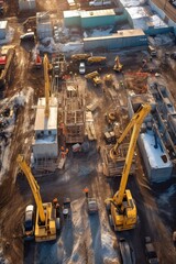 aerial view of a construction site with cranes and machinery