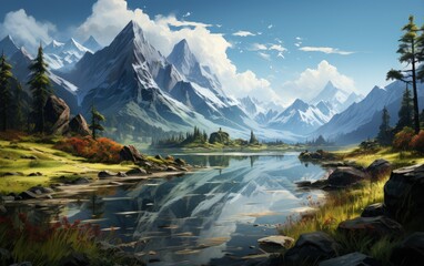 Naklejka premium Picturesque Mountain Lake with Snow Capped Peaks and Pine Forests