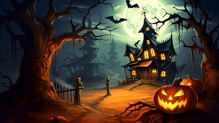 Fototapeta na wymiar Halloween background with pumpkin and bats at cemetery