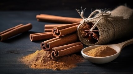 Spice cinnamon placed on the table, AI generated
