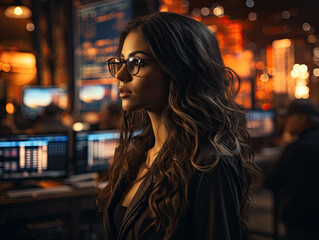 A female analyst is deeply engaged in viewing financial market data on a screen, analyzing the trends and making informed decisions. Generative AI..