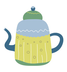 Cartoon funny teapot or coffee kettle for cafe or house kitchen decor. Simple pottery stickers