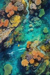 Naklejka na ściany i meble top view of vibrant coral reefs in clear ocean water