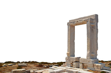 greece greek ancient temple huge gate of marble called "portara" in naxos island, sun in sunset orange colors