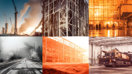 collage of images in the city with building and truck 