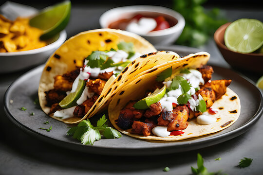 Deliciosos tacos al Pastor mexicanos. Tacos mexicanos reci&eacute;n hechos. Gastronom&iacute;a mexicana. Ilustraci&oacute;n creada con herramientas generativas de IA.