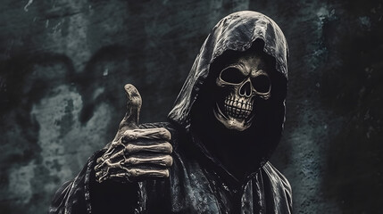 Scary Halloween skeleton with thumb up in black background - obrazy, fototapety, plakaty