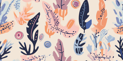 Obraz premium Hand drawn abstract botanical shapes ornament pattern. Collage contemporary print. Fashionable template for design. Soft pastel colors palette