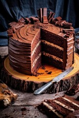 delectable chocolate cake with a sliced piece