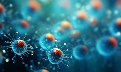 Virus background, Flu,viruses and bacteria shapes against blue background. Close-up of virus cells or bacteria. Concept of science and medicine copy space