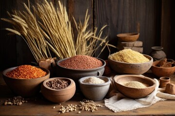 assortment of ancient grains in wooden bowls on rustic table