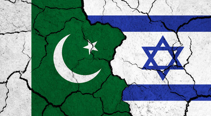 Flags of Pakistan and Israel on cracked surface - politics, relationship concept