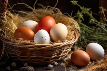 freshly laid eggs in a basket near coop