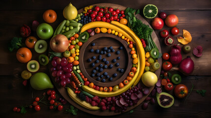 Fresh fruits and vegetables arranged in a rainbow pattern generative AI