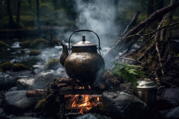 boiling water in a rustic kettle over campfire