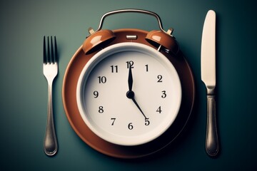 Alarm clock on a plate. The concept of proper regular nutrition. Background with selective focus and copy space