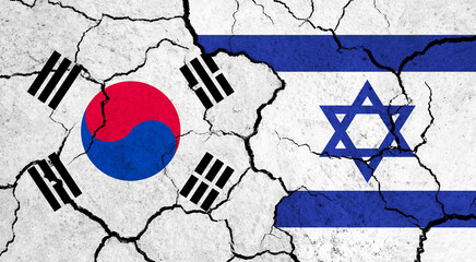 Flags of South Korea and Israel on cracked surface - politics, relationship concept