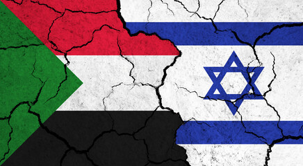 Flags of Sudan and Israel on cracked surface - politics, relationship concept