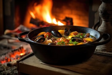 cast iron pot with bouillabaisse simmering over open fire