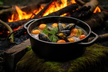 cast iron pot with bouillabaisse over campfire flames