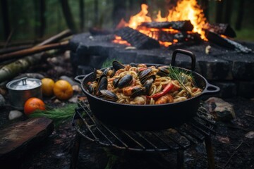 rustic outdoor setting with seafood pasta cooking on campfire