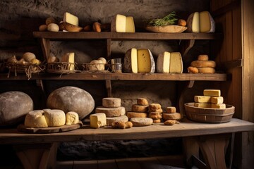 Fototapeta na wymiar aging cheeses on wooden shelves in a cellar