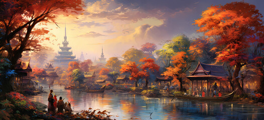 painting style illustration Souteast Asian, Thai style ancient vintage town beside river at sunset time, Generative Ai